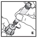 6. Attach the prefilled syringe to the vial adapter thread by turning clockwise (E).
