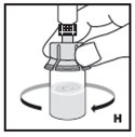9. Swirl vial gently until all powder on all sides of the vial is dissolved (H). Do not shake vial. Be sure that all powder is completely dissolved. Do not use if solution contains visible particles or is cloudy