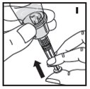 10. Push down on the plunger to push all air back into the vial. Then while holding the plunger down, turn the vial with syringe upside-down (invert) so the vial is now above the syringe (I).