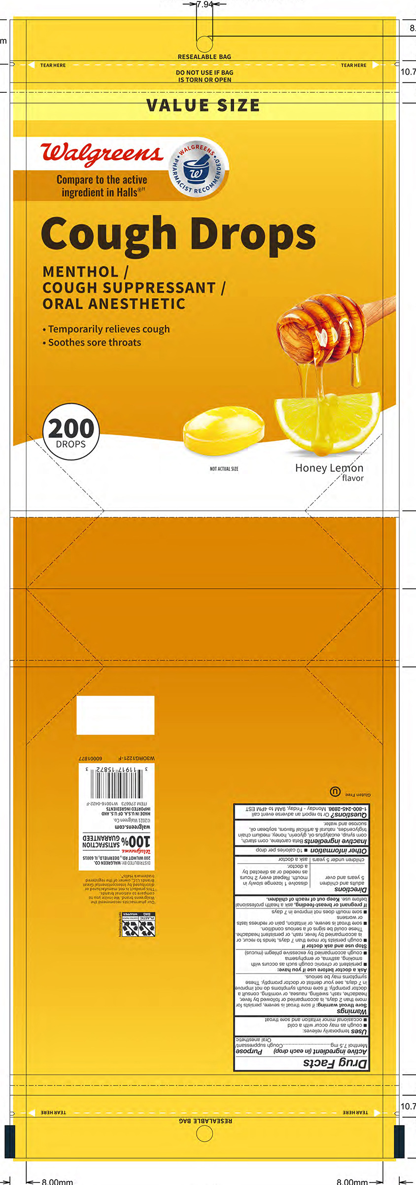 Walgreens Honey Lemon 200ct Cough Drops