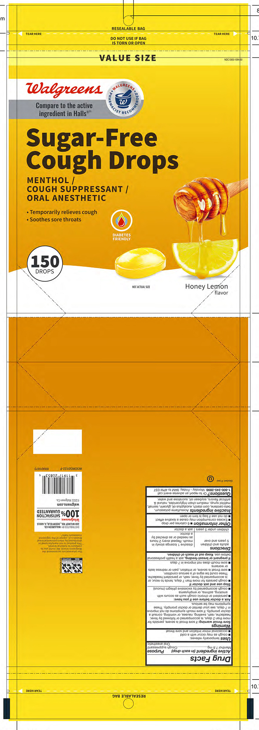 Walgreens SF Honey Lemon 150ct Cough Drops