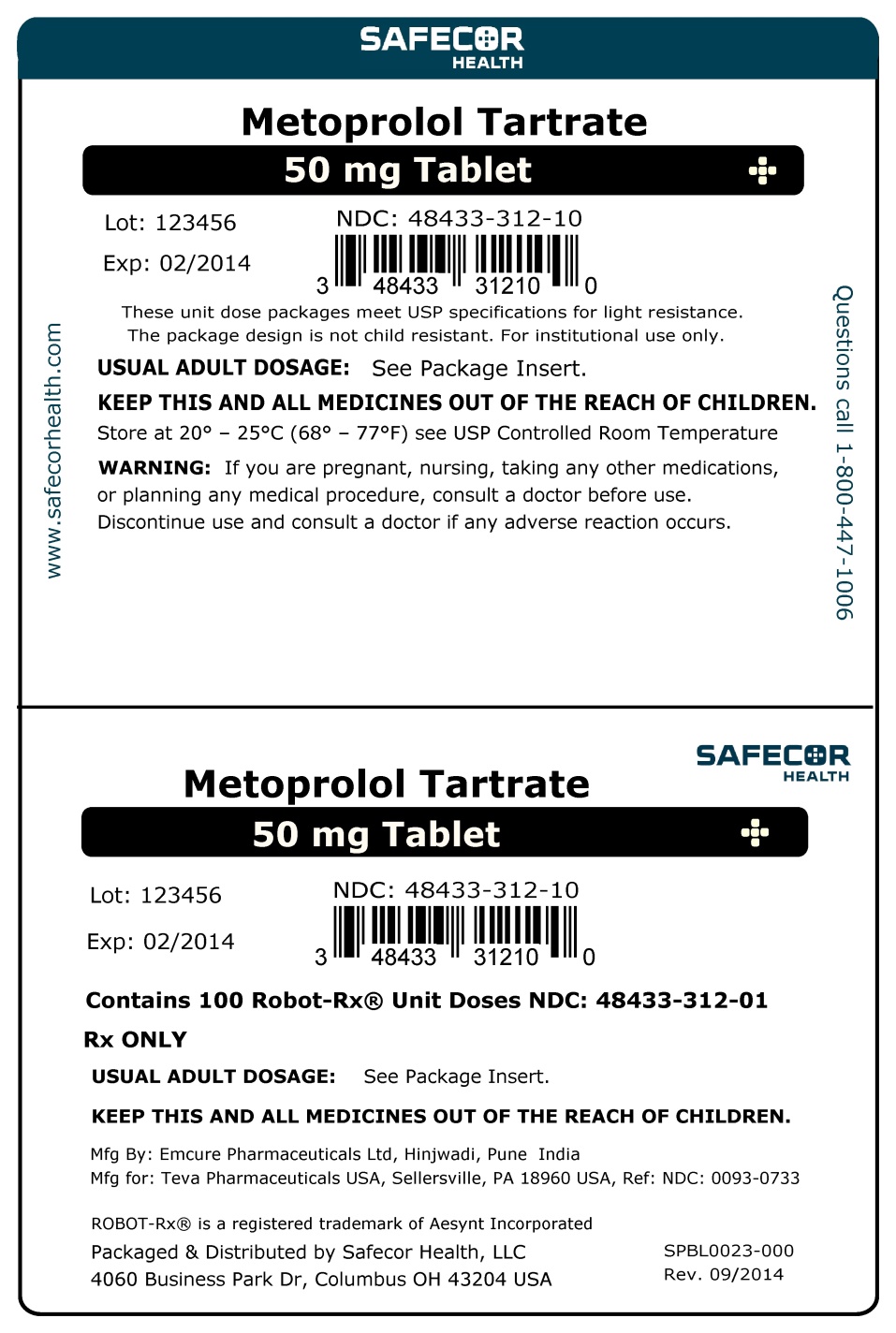 Metoprolol Tartrate 50 mg Robot Unit Dose Box Label