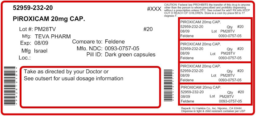 Piroxicam Capsules USP 20 mg 100s Label