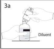 Place diluent bottle on a flat surface. Use exposed end of transfer device to spike diluent bottle through center of the stopper.¬