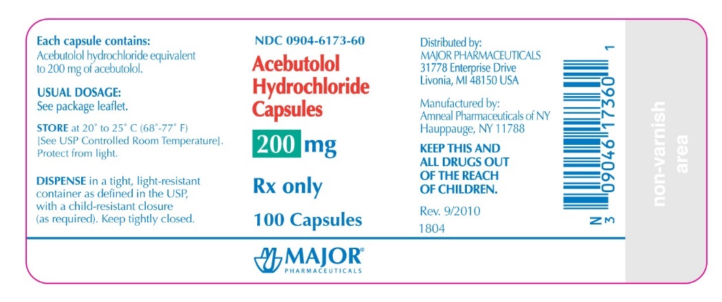 NDC 0904-6173-60

Acebutolol

Hydrochloride

Capsules

200mg

Rx Only

100 Capsules

Major Pharmaceuticals
