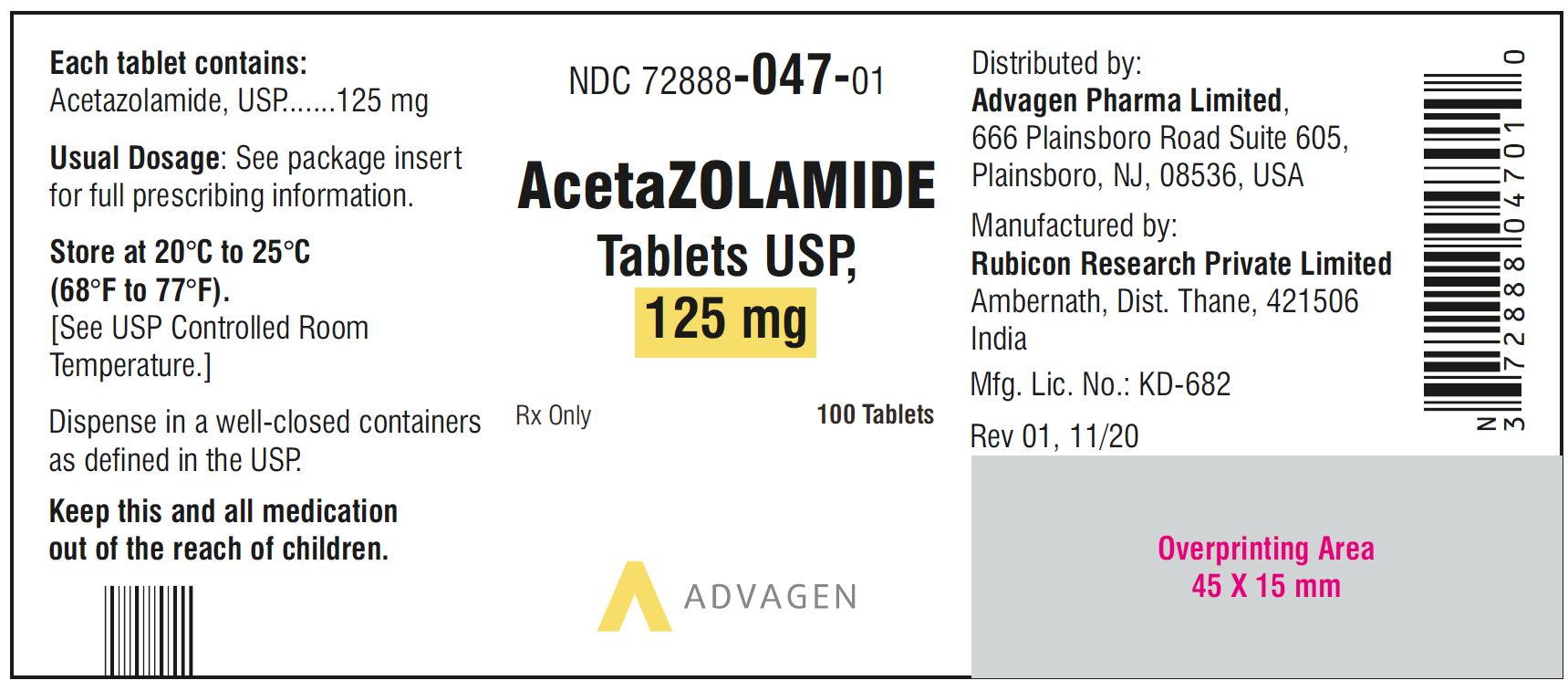 AcetaZOLAMIDE Tablets USP, 125 mg - NDC 72888-047-01 - 100 Tablets Bottle Label