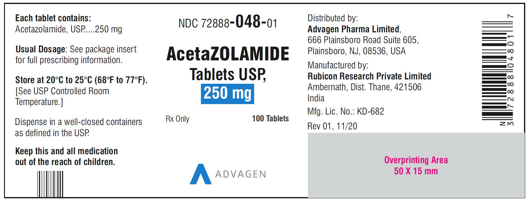 AcetaZOLAMIDE Tablets USP, 250 mg - NDC 72888-048-01 - 100 Tablets Bottle Label