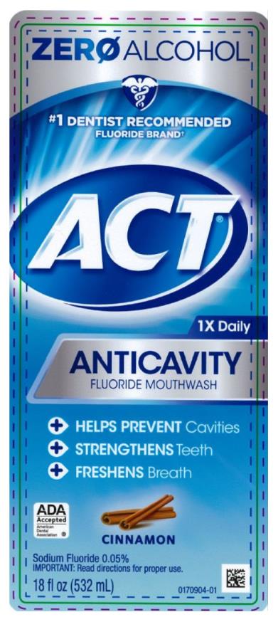 PRINCIPAL DISPLAY PANEL
#1 DENTIST RECOMMENDED 
FLUORIDE BRAND
ACT
Anitcavity
Fluoride Mouthwash
alcohol free
CINNAMON
18 fl. oz. (532 mL)
