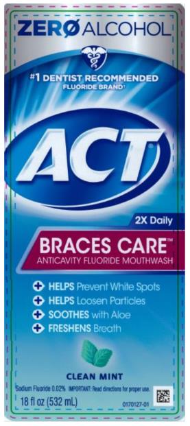 PRINCIPAL DISPLAY PANEL
#1 DENTIST RECOMMENDED
FLUORIDE BRAND
NEW!
ACT BRACES CARE
Anitcavity Fluoride Mouthwash
Clean Mint
18 fl oz. (532 mL)
