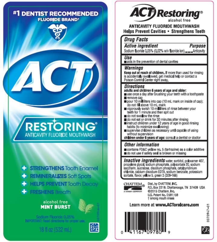 ACT
Restoring Anticavity
Mouthwash
Mint Burst
18 fl oz (532 mL)
