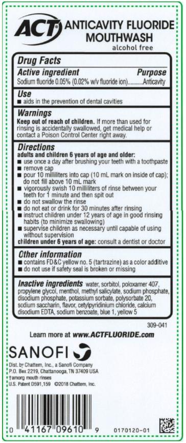 PRINCIPAL DISPLAY PANEL
#1 DENTIST RECOMMENDED
FLUORIDE BRAND
ACT
Anticavity
Fluoride Mouthwash
alcohol free
FRESH MINT
33.8 fl oz (1 L)
