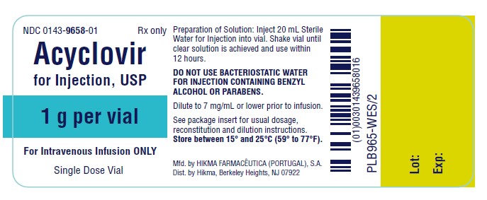 NDC 0143-9657-01 ACYCLOVIR FOR INJECTION, USP 500 mg/vial FOR INTRAVENOUS INFUSION ONLY Rx ONLY Single Dose Vial Preparation of Solution: Inject 10 mL Sterile Water for Injection into vial. Shake vial until clear solution is achieved and use within 12 hours. DO NOT USE BACTERIOSTATIC WATER FOR INJECTION CONTAINING BENZYL ALCOHOL OR PARABENS. Dilute to 7 mg/mL or lower prior to infusion. See package insert for usual dosage, reconstitution and dilution instructions. Store between 15º and 25ºC (59º to 77ºF).