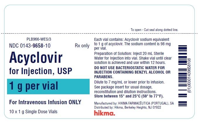 NDC 0143-9657-10 Rx ONLY ACYCLOVIR FOR INJECTION, USP 500 mg/vial FOR INTRAVENOUS INFUSION ONLY 10 Single Dose Vials, 500 mg in each vial Each vial contains: Acyclovir sodium equivalent to 500 mg of acyclovir. The sodium content is 49 mg per vial. Preparation of Solution: Inject 10 mL Sterile Water for Injection into vial. Shake vial until clear solution is achieved and use within 12 hours. DO NOT USE BACTERIOSTATIC WATER FOR INJECTION CONTAINING BENZYL ALCOHOL OR PARABENS. Dilute to 7 mg/mL or lower prior to infusion. See package insert for usual dosage, reconstitution and dilution instructions. Store between 15º and 25ºC (59º to 77ºF).
