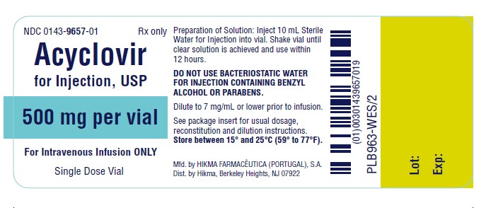 NDC 0143-9658-01 ACYCLOVIR FOR INJECTION, USP 1 g/vial FOR INTRAVENOUS INFUSION ONLY Rx ONLY Single Dose Vial Preparation of Solution: Inject 20 mL Sterile Water for Injection into vial. Shake vial until clear solution is achieved and use within 12 hours. DO NOT USE BACTERIOSTATIC WATER FOR INJECTION CONTAINING BENZYL ALCOHOL OR PARABENS. Dilute to 7 mg/mL or lower prior to infusion. See package insert for usual dosage, reconstitution and dilution instructions. Store between 15º and 25ºC (59º to 77ºF).