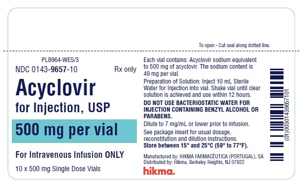NDC 0143-9658-10 Rx ONLY ACYCLOVIR FOR INJECTION, USP 1 g/vial FOR INTRAVENOUS INFUSION ONLY 10 Single Dose Vials, 1 g in each vial Each vial contains: Acyclovir sodium equivalent to 1 g of acyclovir. The sodium content is 98 mg per vial. Preparation of Solution: Inject 20 mL Sterile Water for Injection into vial. Shake vial until clear solution is achieved and use within 12 hours. DO NOT USE BACTERIOSTATIC WATER FOR INJECTION CONTAINING BENZYL ALCOHOL OR PARABENS. Dilute to 7 mg/mL or lower prior to infusion. See package insert for usual dosage, reconstitution and dilution instructions. Store between 15º and 25ºC (59º to 77ºF).