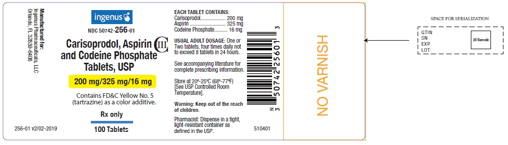NDC 50742-256-01
Carisoprodol, Aspirin and Codeine phosphate Tablets, USP CIII
200 mg/325 mg/16 mg
Contains FD&C Yellow No. 5
(tartrazine) as a color additive.
Rx only
100 Tablets