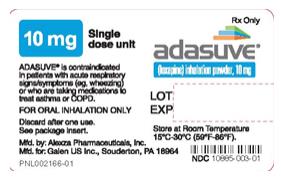 PRINCIPAL DISPLAY PANEL
NDC 10885-003-01
adasuve
(loxapine) inhalation powder
1 single dose unit per pouch
10mg
Rx Only
