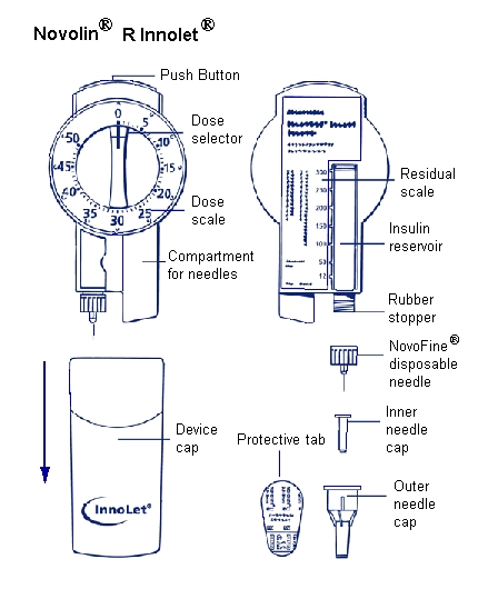 Drawing of the Novolin R InnoLet with components list.