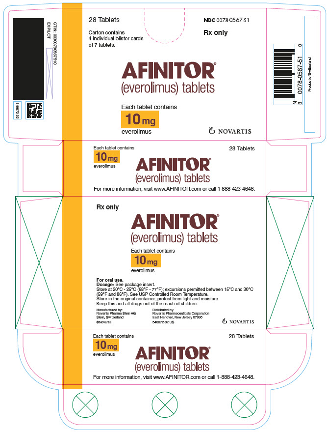 
							PRINCIPAL DISPLAY PANEL
							NDC 0078-0567-51
							Rx only
							28 Tablets
							Carton contains 4 individual blister cards of 7 tablets.
							AFINITOR®
							(everolimus) tablets
							Each tablet contains 10 mg everolimus
							NOVARTIS
							