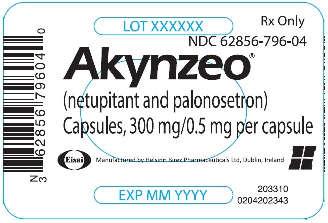 NDC 62856-796-04 Akynzeo (netupitant and palonosetron) capsules, 300mg/0.5mg