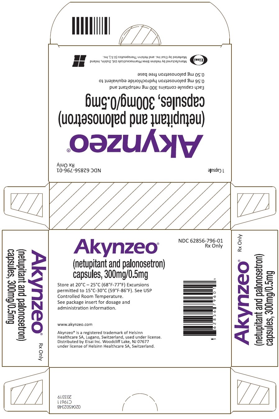 NDC 62856-796-01 Akynzeo (netupitant and palonosetron) capsules, 300mg/0.5mg