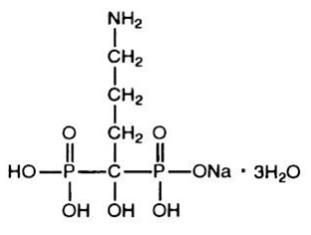 The molecular formula of alendronate sodium is C4H12NNaO7P2•3H2O and its formula weight is
325.12. The structural formula is:
