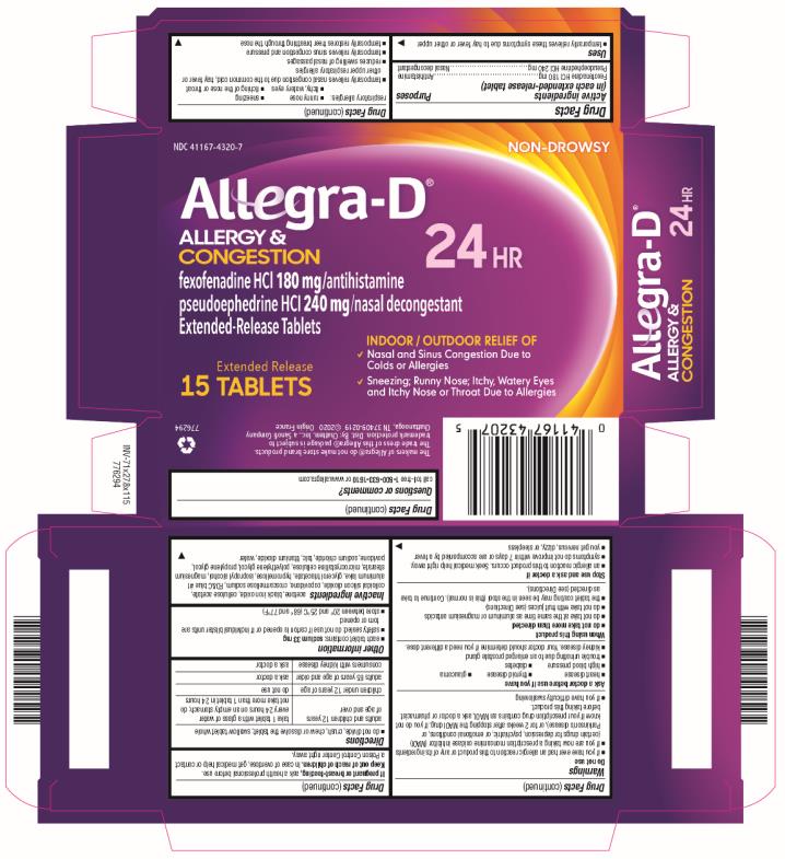 PRINCIPAL DISPLAY PANEL
NDC 41167-4320-7
NON-DROWSY
Allegra-D®
ALLERGY & CONGESTION
fexofenadine HCl 180 mg/antihistamine
pseudoephedrine HCl 240 mg/nasal decongestant
Extended Release Tablets
15 Tablets
