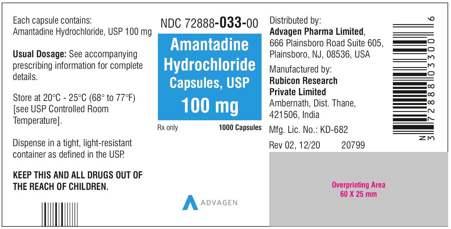 Amantadine Hydrochloride Cap, USP 100 mg - NDC-72888-033-00 - 1000 Capsules
