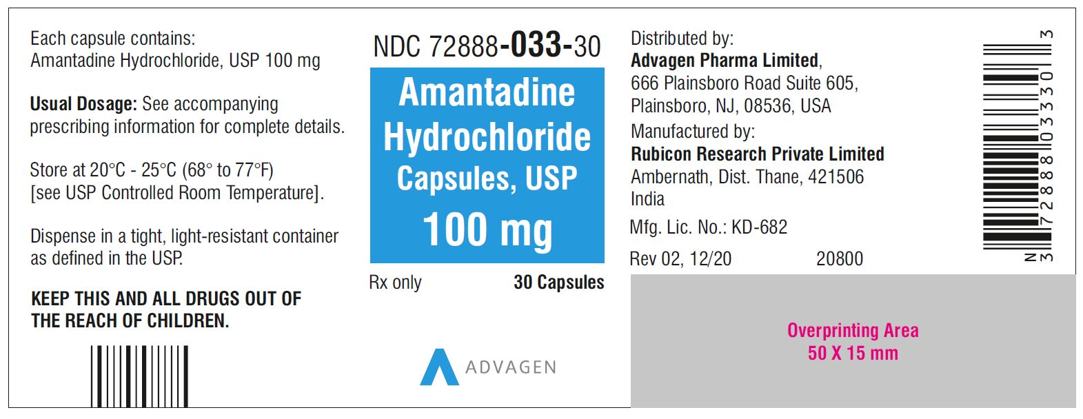 Amantadine Hydrochloride Cap, USP 100 mg - NDC-72888-033-30 - 30 Capsules