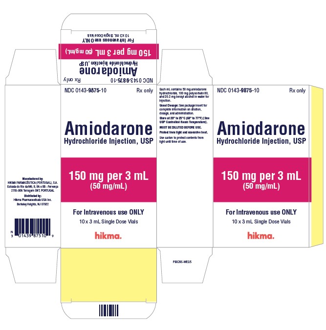 25 x 3 mL Single Dose Vials NDC 0143-9875-25 AMIODARONE HYDROCHLORIDE INJECTION 150 mg/3 mL (50 mg/mL) For Intravenous Use Only Rx ONLY
