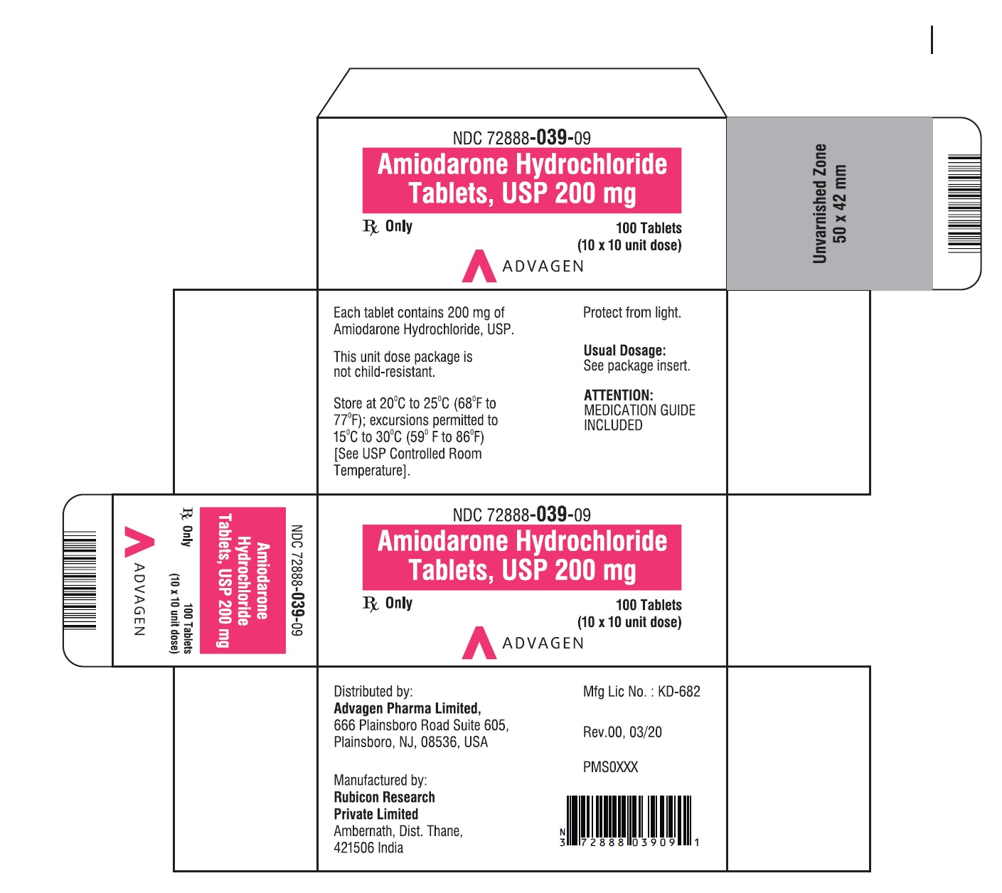Amiodarone HCL Tablets,USP 200 mg - NDC 72888-039-09 - Carton of 100 (10 x 10) Unit dose blisters