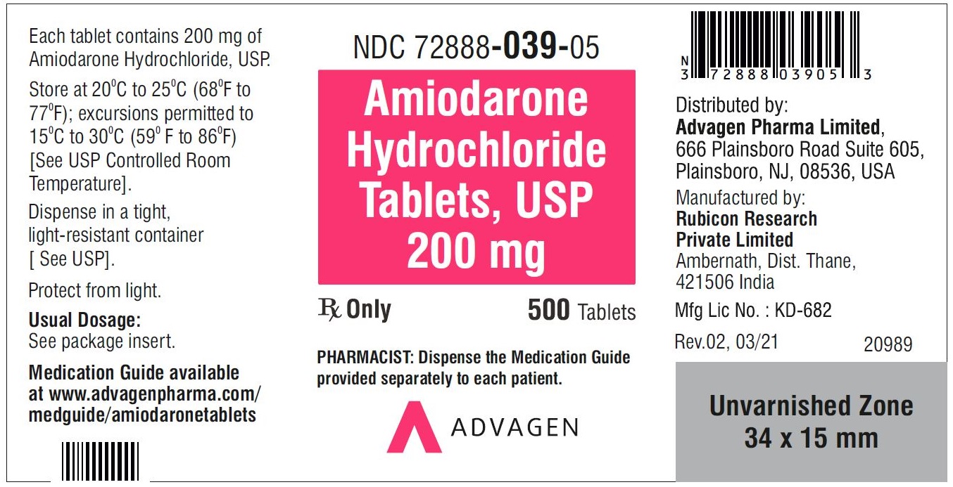 Amiodarone HCL Tablets,USP 200 mg - NDC 72888-039-05 - 500 Tablets Bottle Label