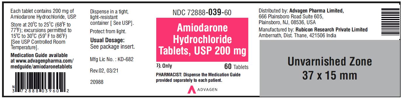 Amiodarone HCL Tablets,USP 200 mg - NDC 72888-039-60 - 60 Tablets Bottle Label