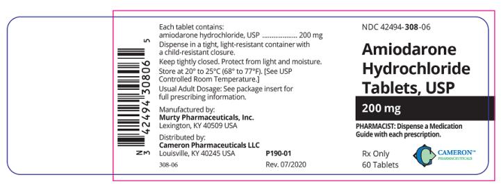NDC42494-308-06 Amiodarone Hydrochloride Tablets 200 mg 60 Tablets Rx Only