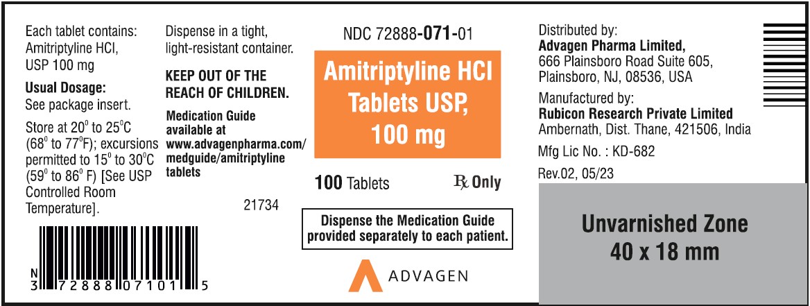 Amitriptyline HCL Tablets,USP 100 mg - NDC 72888-071-01  - 100 Tablets Container Label