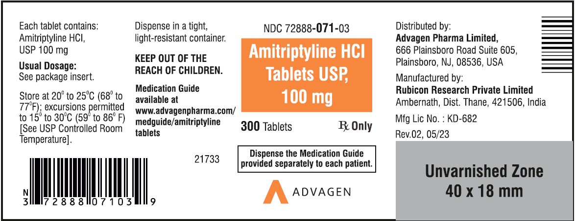 Amitriptyline HCL Tablets,USP 100 mg - NDC 72888-070-03  - 300 Tablets Container Label
