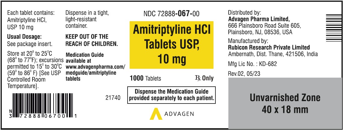 Amitriptyline HCL Tablets,USP 10 mg - NDC 72888-067-01  - 1000 Tablets Container Label