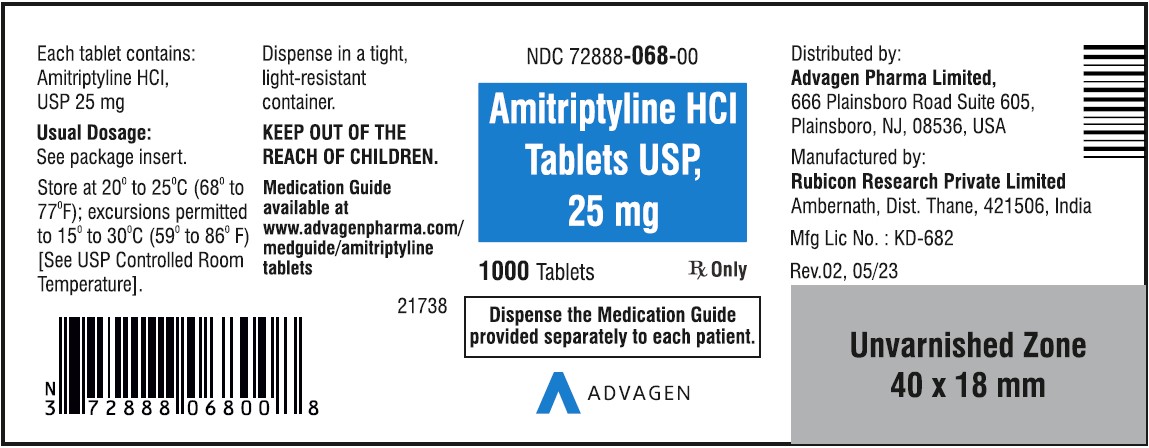 Amitriptyline HCL Tablets,USP 25 mg - NDC 72888-068-01  - 1000 Tablets Container Label