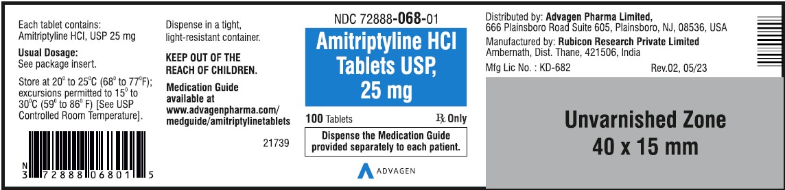 Amitriptyline HCL Tablets,USP 25 mg - NDC 72888-068-01  - 100 Tablets Container Label