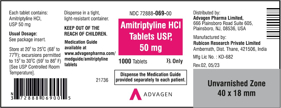 Amitriptyline HCL Tablets,USP 50 mg - NDC 72888-069-00  - 1000 Tablets Container Label