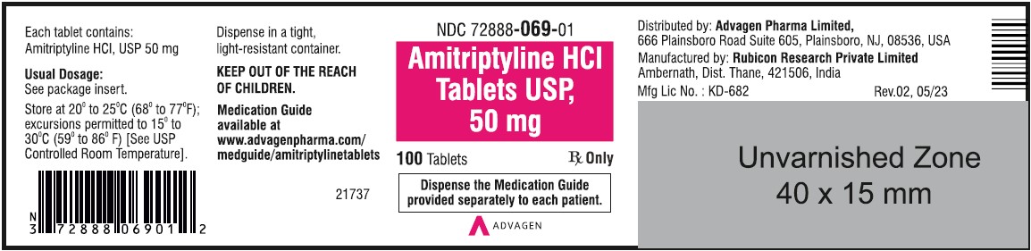 Amitriptyline HCL Tablets,USP 50 mg - NDC 72888-069-01  - 100 Tablets Container Label