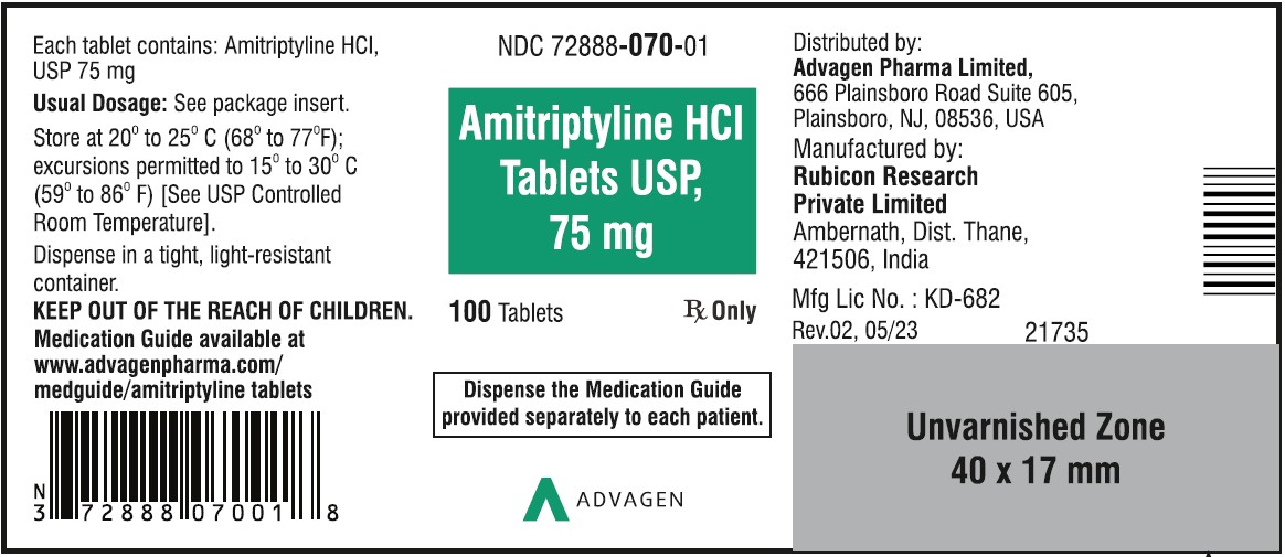 Amitriptyline HCL Tablets,USP 75 mg - NDC 72888-070-01  - 100 Tablets Container Label