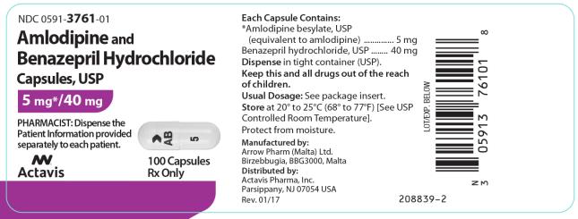 NDC 0591-3761-01 Amlodipine and Benazepril Hydrochloride Capsules, USP 5 mg*/40 mg Actavis 100 Capsules Rx only