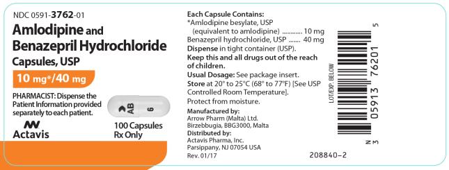 NDC 0591-3762-01 Amlodipine and Benazepril Hydrochloride Capsules, USP 10 mg*/40 mg Actavis 100 Capsules Rx only