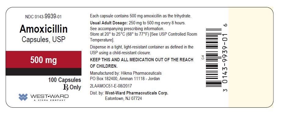 PRINCIPAL DISPLAY PANEL Amoxicillin Capsules, USP 500 mg/100 Capsules NDC 0143-9939-01