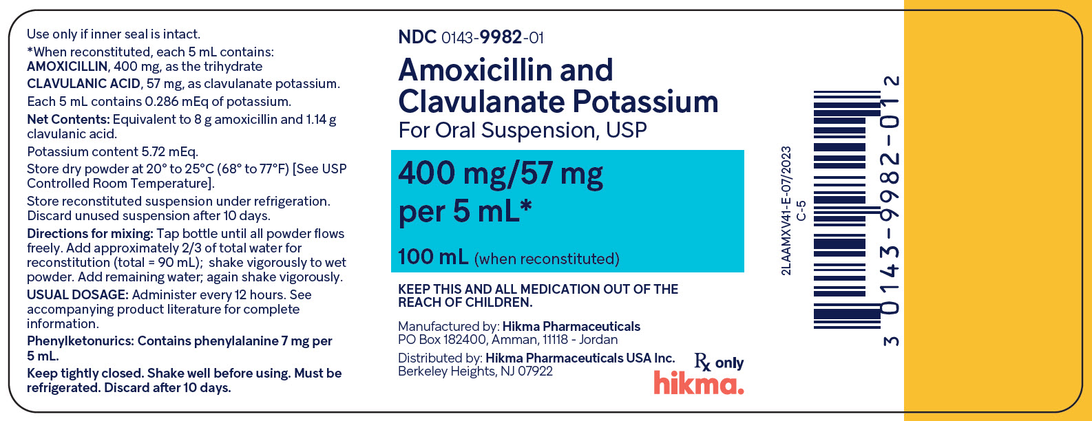 NDC 0143-9982-01 Amoxicillin and Clavulanate Potassium for Oral Suspension, USP *400 MG/57 MG Per 5ML