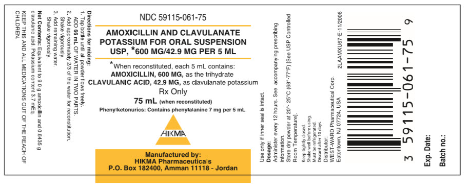 NDC 59115-061-75 AMOXICILLIN AND CLAVULANATE POTASSIUM FOR ORAL SUSPENSION USP, *600 MG/42.39 MG PER 5 ML Rx only 75 mL (when reconstituted)