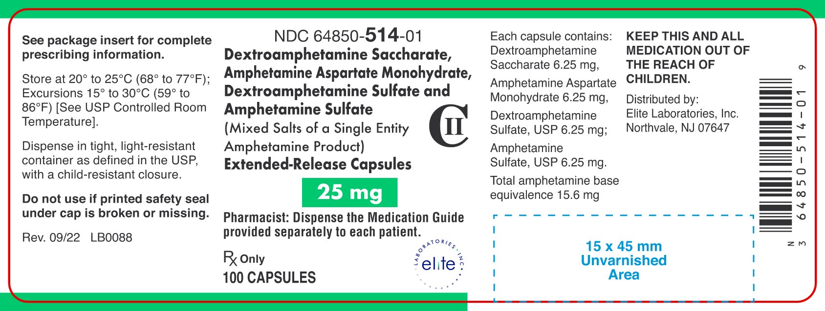 Amphetamine ER Cap 25mg Container Label
