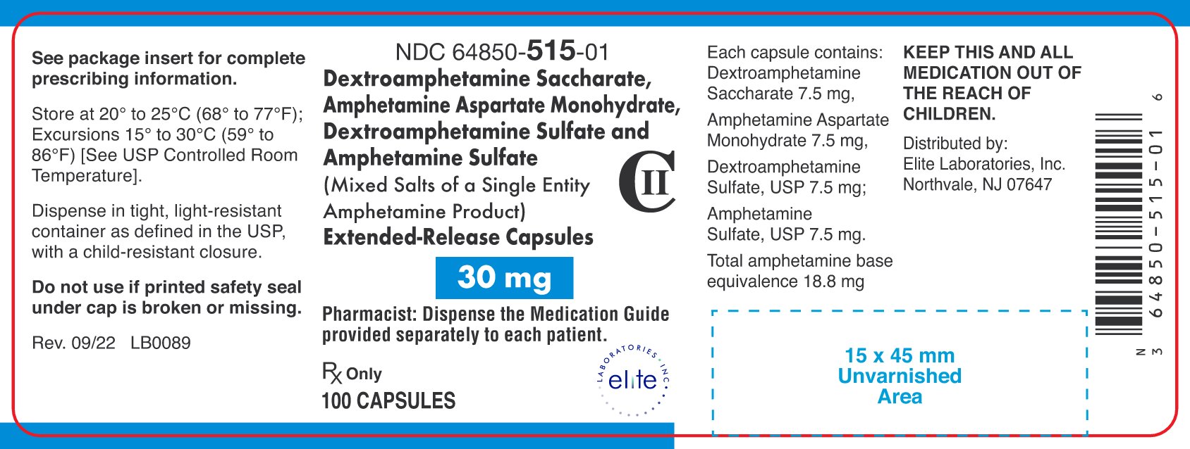 Amphetamine ER Cap 30mg Container Label