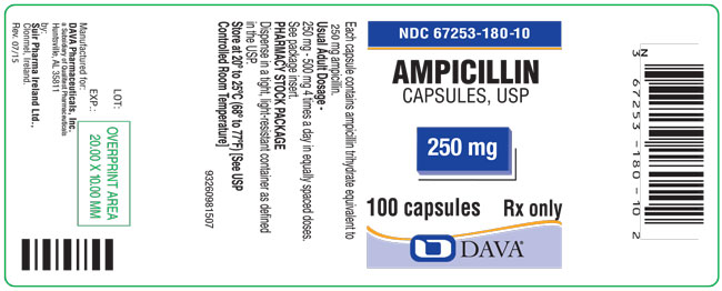 This is an image of Ampicillin Capsules 250 mg 100 count label.